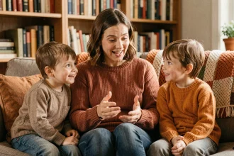 Parent racontant la légende du cavalier sans tête à ses enfants dans un salon chaleureux et rassurant