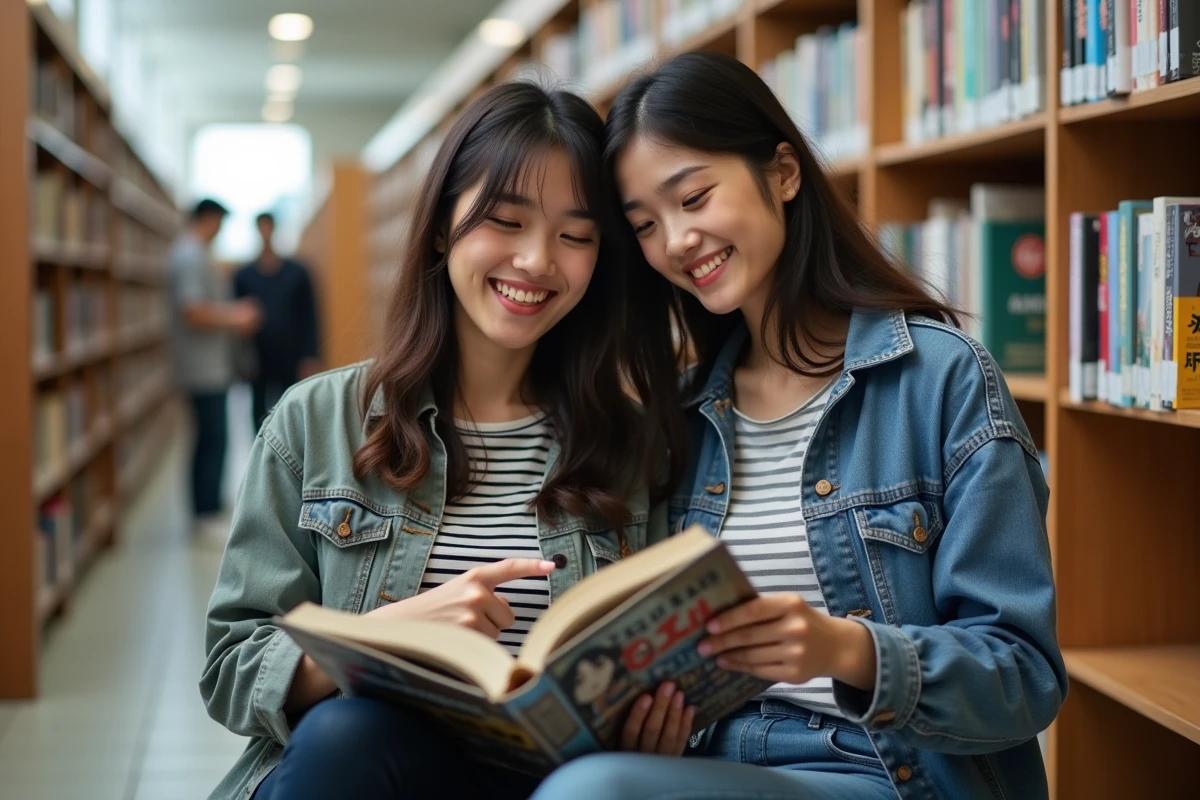 Deux jeunes femmes partageant la lecture d'un manga yaoi dans une bibliothèque publique avec des étagères de mangas en arrière-plan