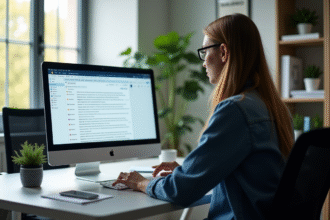 Personne utilisant un webmail sur un bureau moderne lumineux