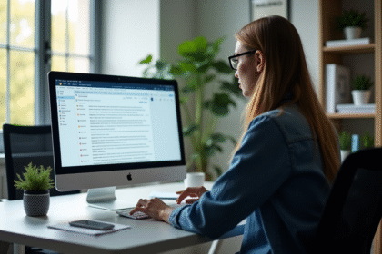 Personne utilisant un webmail sur un bureau moderne lumineux