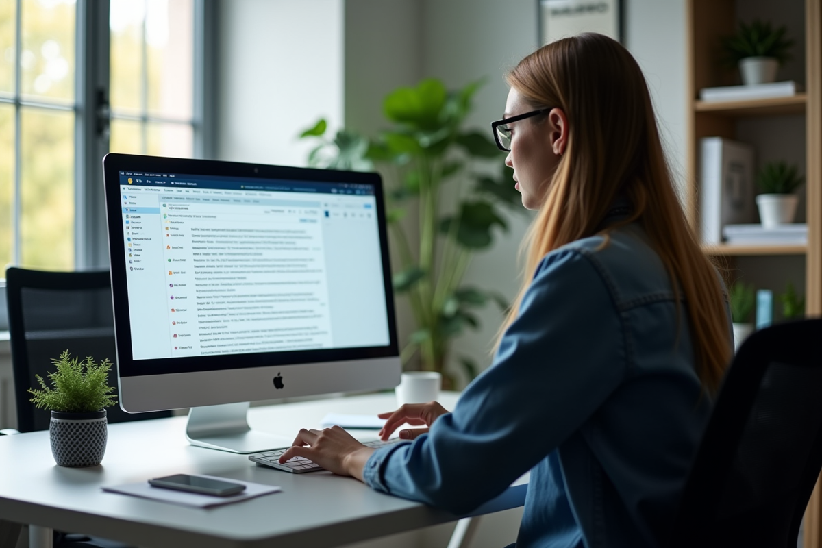 Personne utilisant un webmail sur un bureau moderne lumineux
