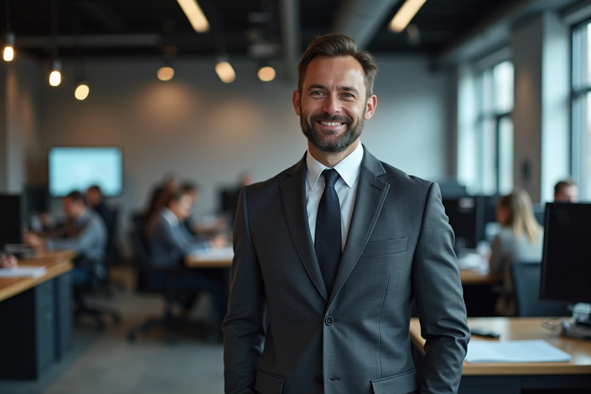 Personnalité médiatique masculine dans une salle de rédaction moderne entourée d'écrans et de collaborateurs