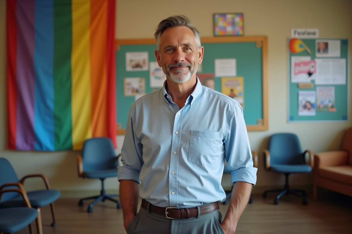 Personne nonbinaire souriante dans un centre communautaire