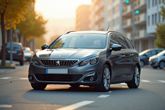 Voiture Peugeot 408 en stationnement urbain en plein soleil