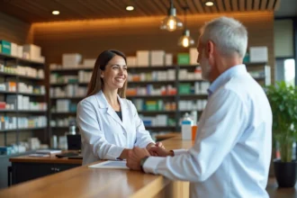 Pharmacienne souriante accueillant un client dans une pharmacie chaleureuse et bien organisée