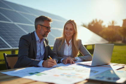 Businessman et ingénieure analysant plans solaires sous un ciel ensoleille
