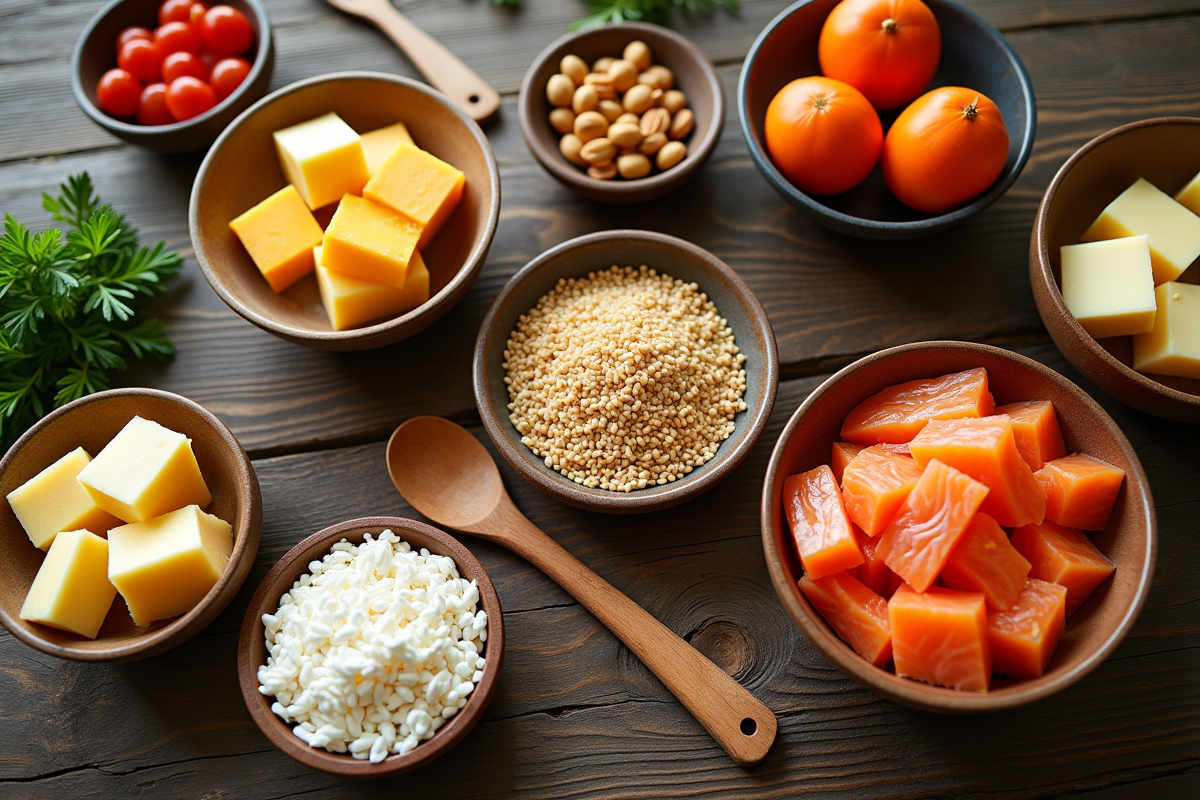 Plan rapproché de plats riches en vitamine D sur une table en bois