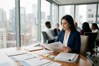 Femme professionnelle préparant des documents multilingues avant une réunion internationale en salle de conférence moderne