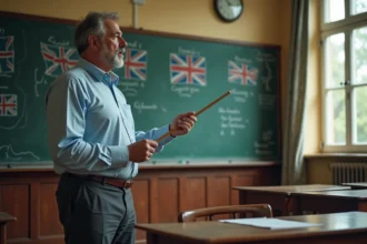 Professeur expliquant la différence entre le drapeau anglais et le drapeau britannique devant un tableau noir en classe