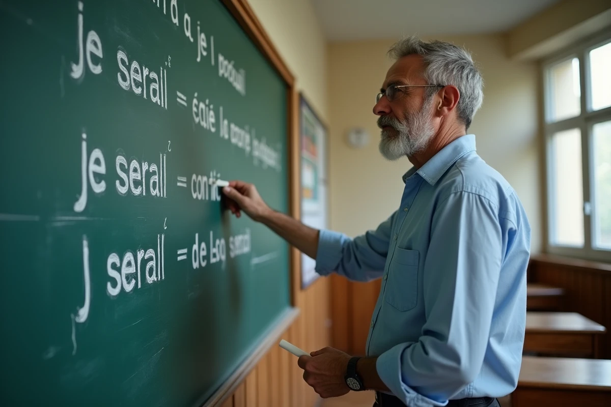 Professeur de français expliquant la différence entre le futur simple et le conditionnel présent au tableau de classe