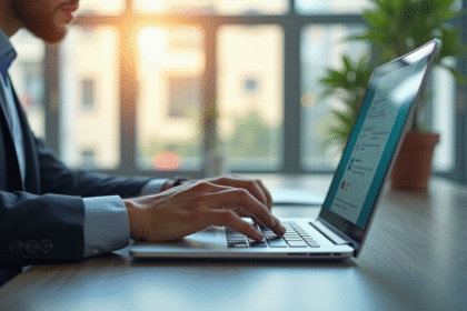 Professionnel utilisant une interface webmail moderne dans un bureau lumineux