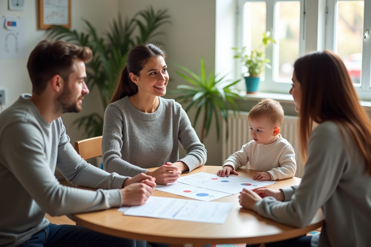 Professionnelle soutien parental discute avec parents et enfant