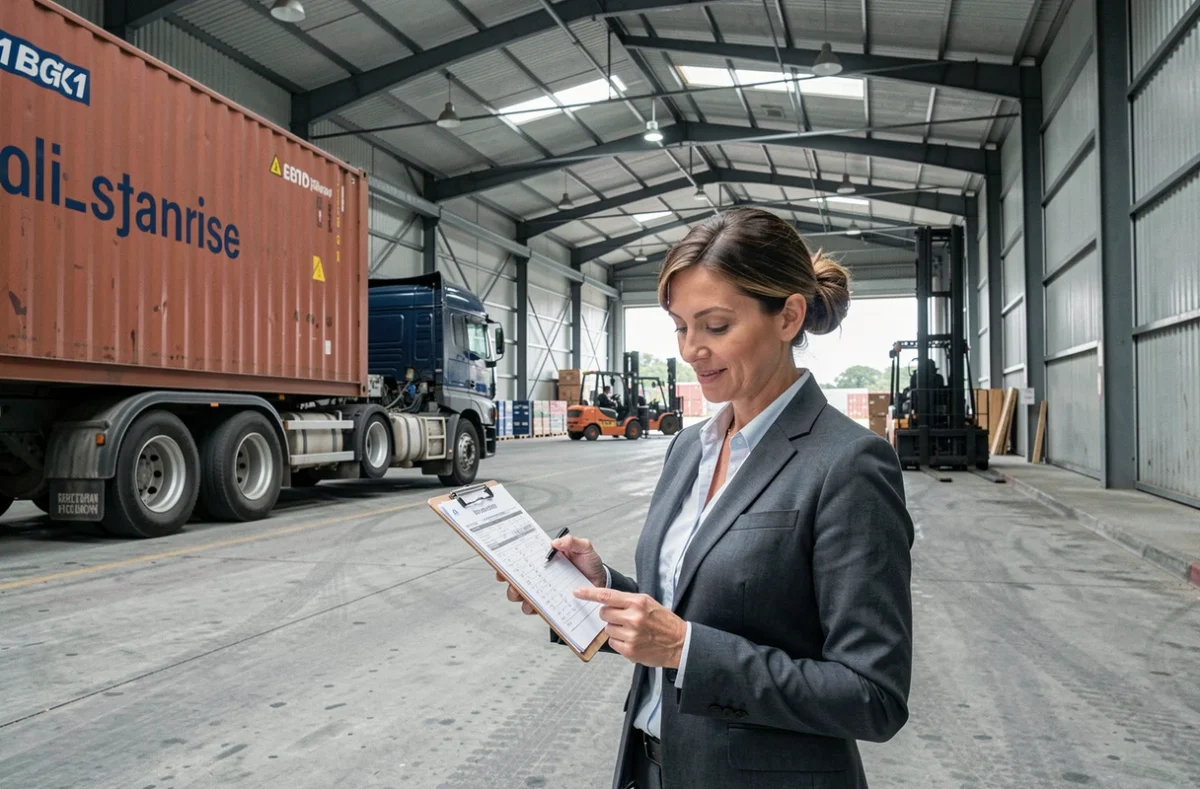 Coordinatrice de Provence Déménagements International supervisant un chargement international dans un dépôt logistique