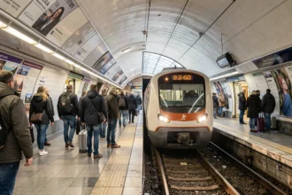 Quai de métro parisien à l'heure de pointe avec une rame qui arrive