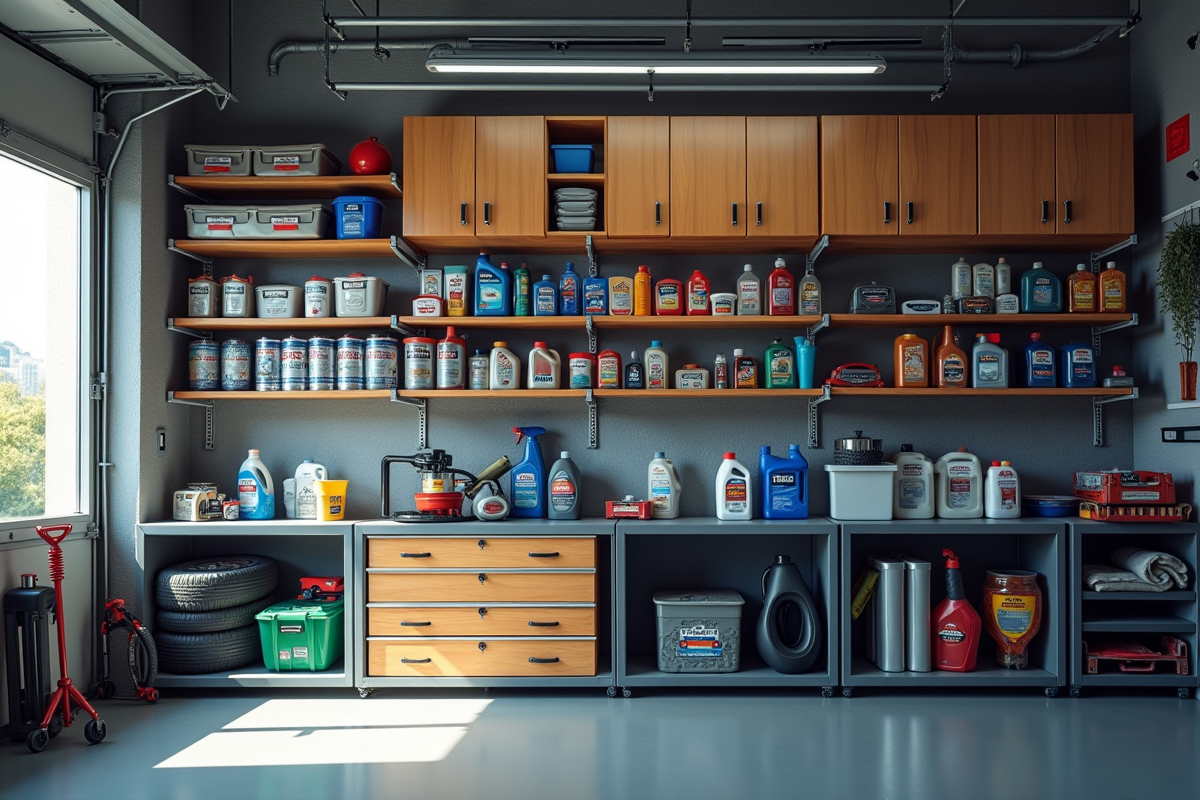 Espace de rangement organisé avec produits d