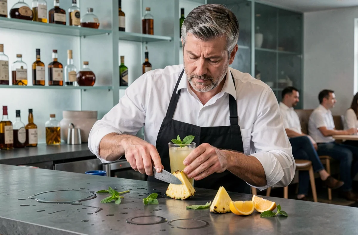 Barman professionnel préparant un mocktail sans alcool avec soin, illustrant les alternatives à l'alcool et la règle palmier en milieu festif
