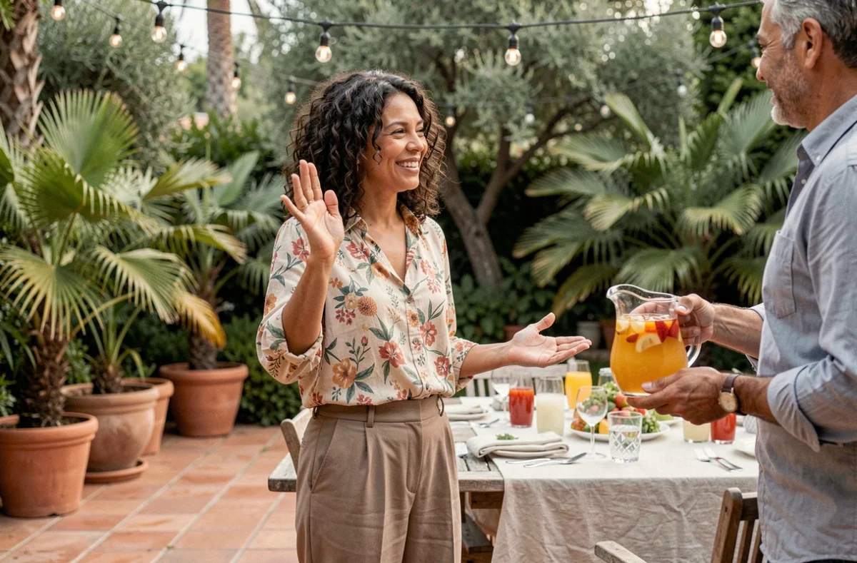 Femme souriante refusant poliment un verre d'alcool lors d'une fête de jardin, illustrant la règle palmier dans un contexte social détendu