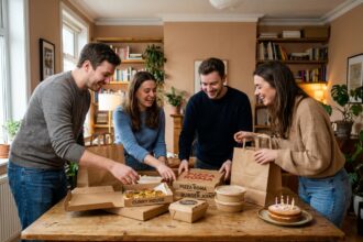 Groupe d'amis fêtant un anniversaire décontracté autour de repas livrés dans un appartement chaleureux