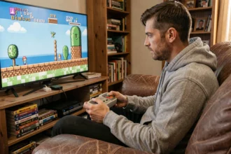 Homme jouant à une console rétro connectée en HDMI sur une TV moderne dans un salon cosy