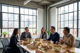 Groupe de collègues autour d'une table de réunion avec des plateaux repas variés dans un bureau moderne