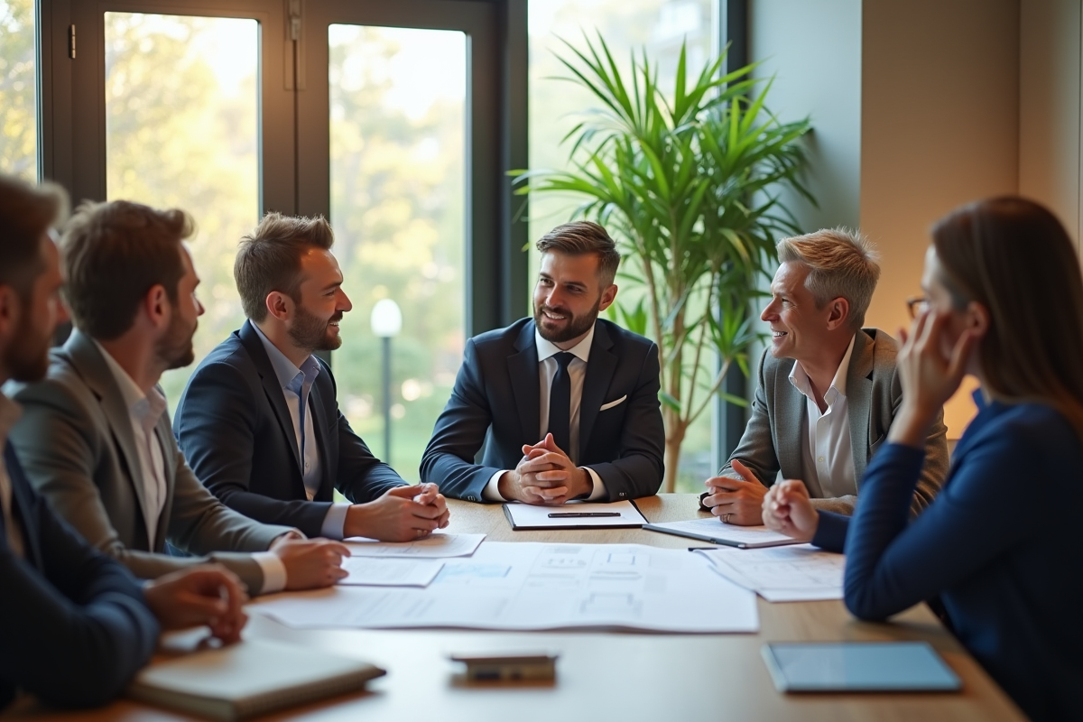 Réunion entre propriétaires avec plans et discussions