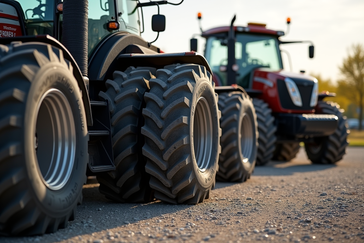 Détail des roues et chassis de tracteurs sur gravier en plein jour