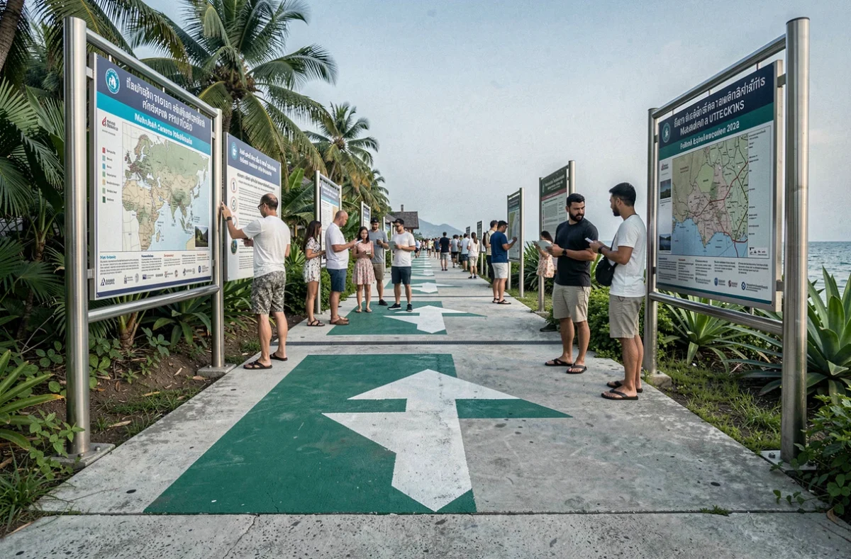 Panneau de signalisation d'évacuation tsunami sur le chemin côtier de Phuket avec des touristes consultant les indications de sécurité