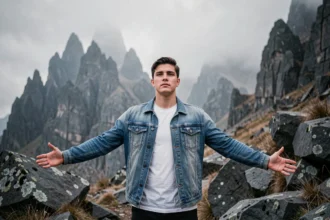 Homme au blouson en jean bras écartés dans un paysage rocheux évoquant le sacrifice héroïque d'Androïde 17 dans Dragon Ball Z
