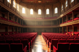 Salle de concert élégante avec sièges rouges et lumière naturelle