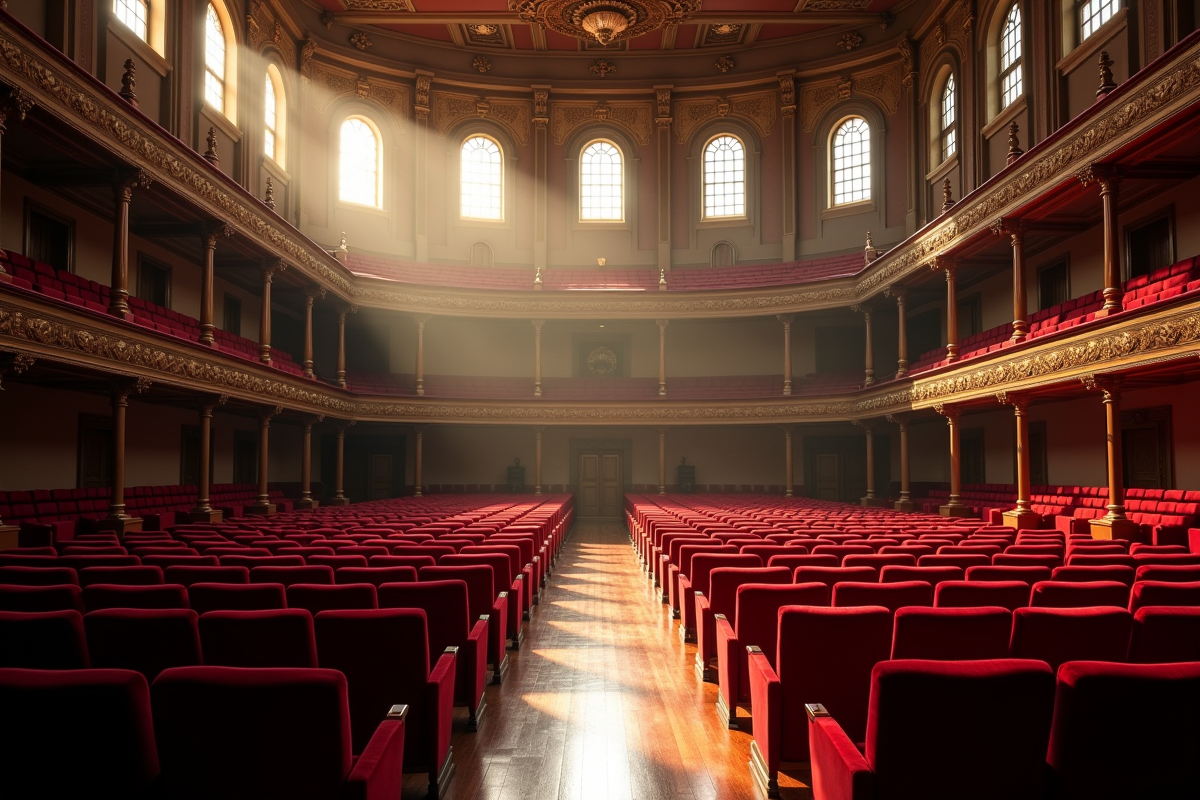 Salle de concert élégante avec sièges rouges et lumière naturelle