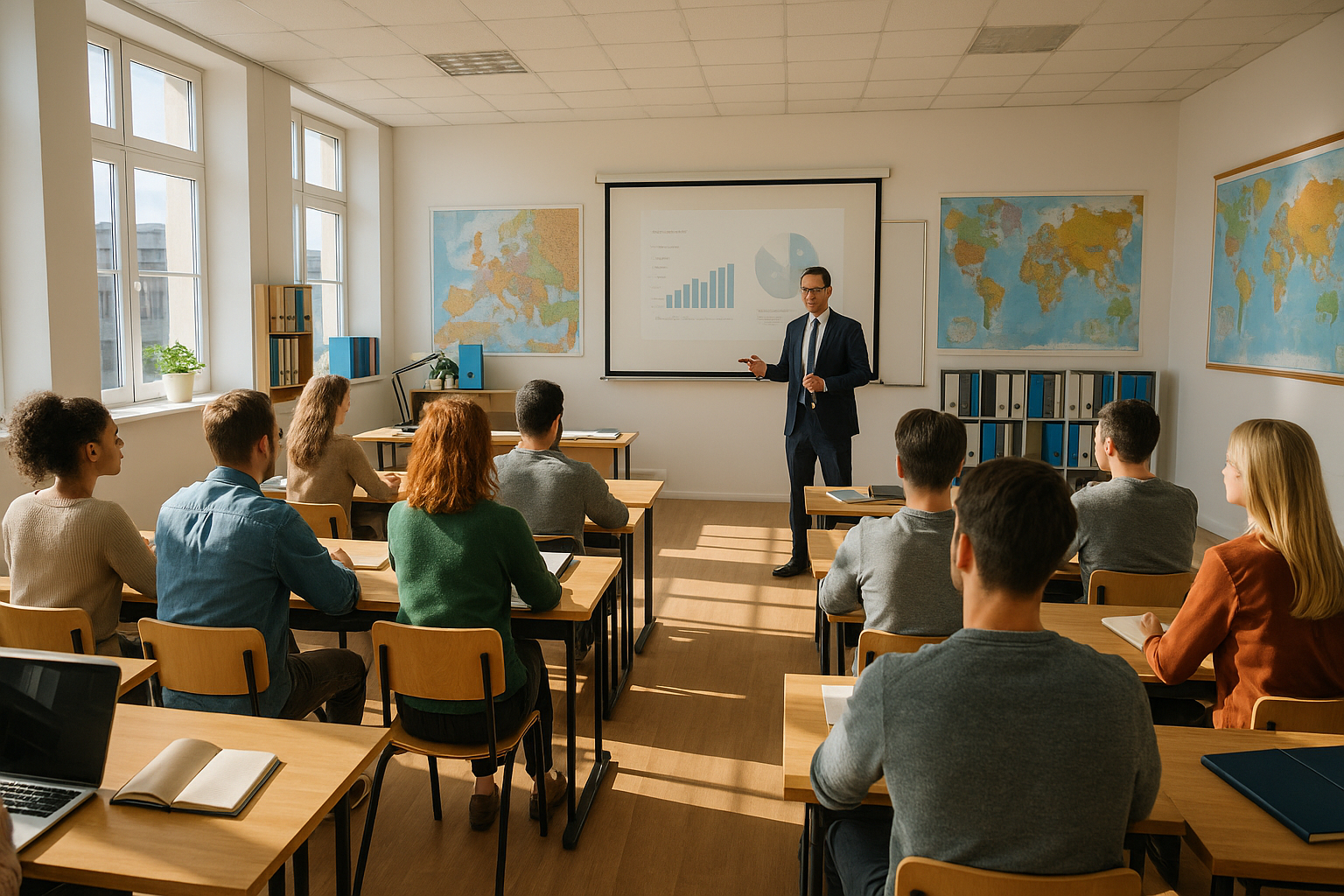 Salle de classe lumineuse avec étudiants et professeur