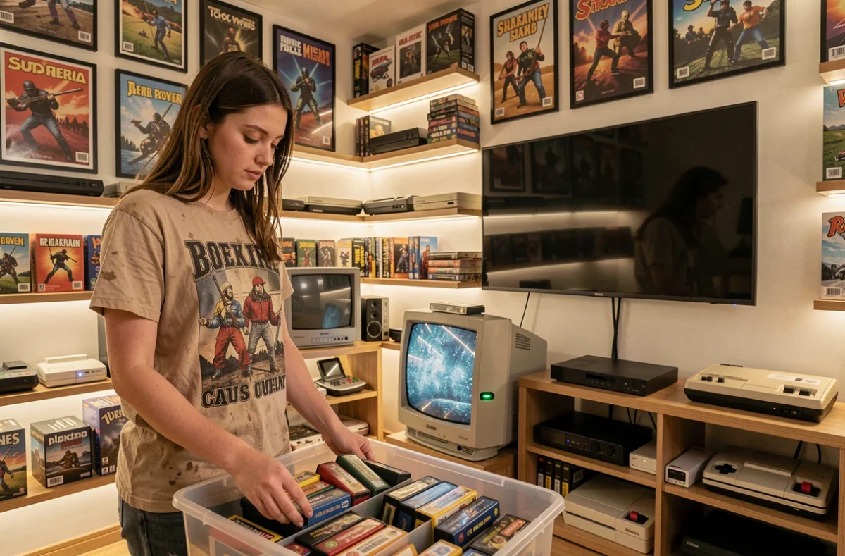 Salle de gaming rétro avec consoles classiques et TV moderne connectées via HDMI