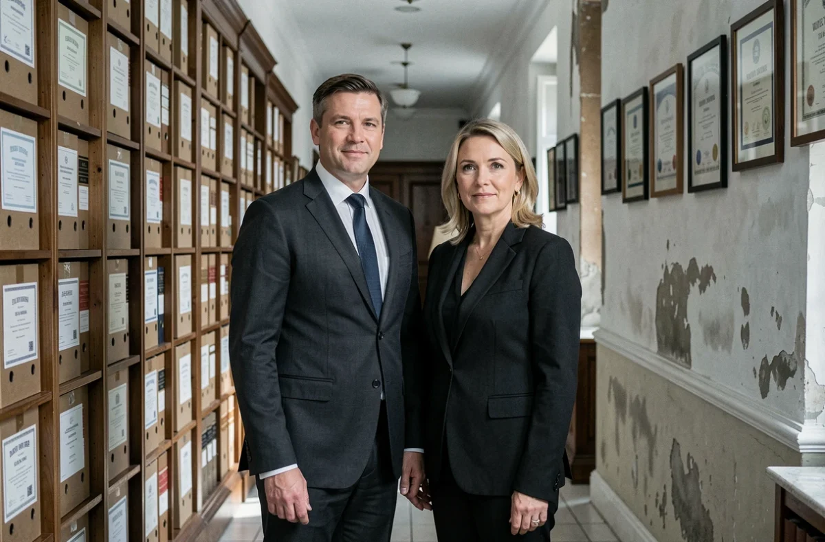 Deux avocats associés debout dans le couloir de leur cabinet avec des archives juridiques, représentant la SCP Laurent Lavalois Aktan
