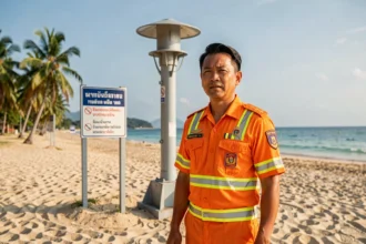 Agent de sécurité des plages en uniforme officiel devant une sirène d'alerte tsunami sur une plage de Phuket en Thaïlande