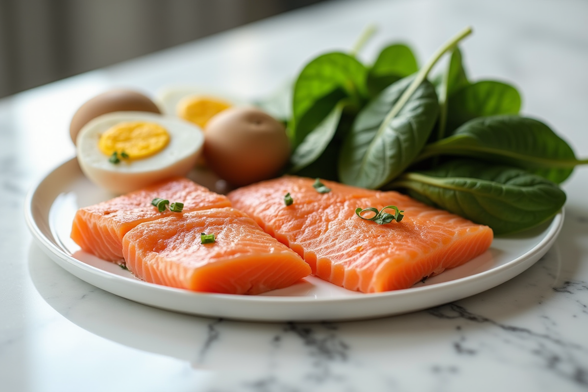 Sélection d'aliments riches en vitamine D sur un plan de travail blanc