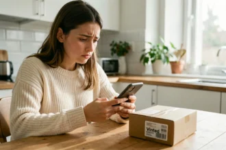 Jeune femme inquiète contactant le service client Vinted Go pour un colis perdu, assise dans une cuisine moderne avec son smartphone et un colis posé sur la table