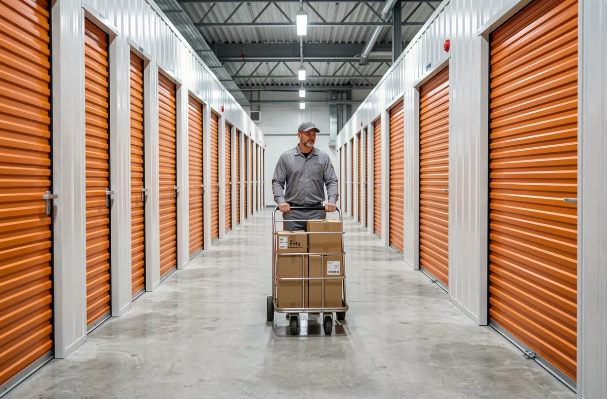 Agent de Shurgard Self Storage Avignon guidant un client dans le couloir de l'entrepôt de self-stockage