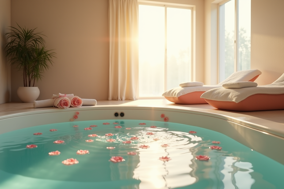 Spa intérieur avec jacuzzi et pétales de roses