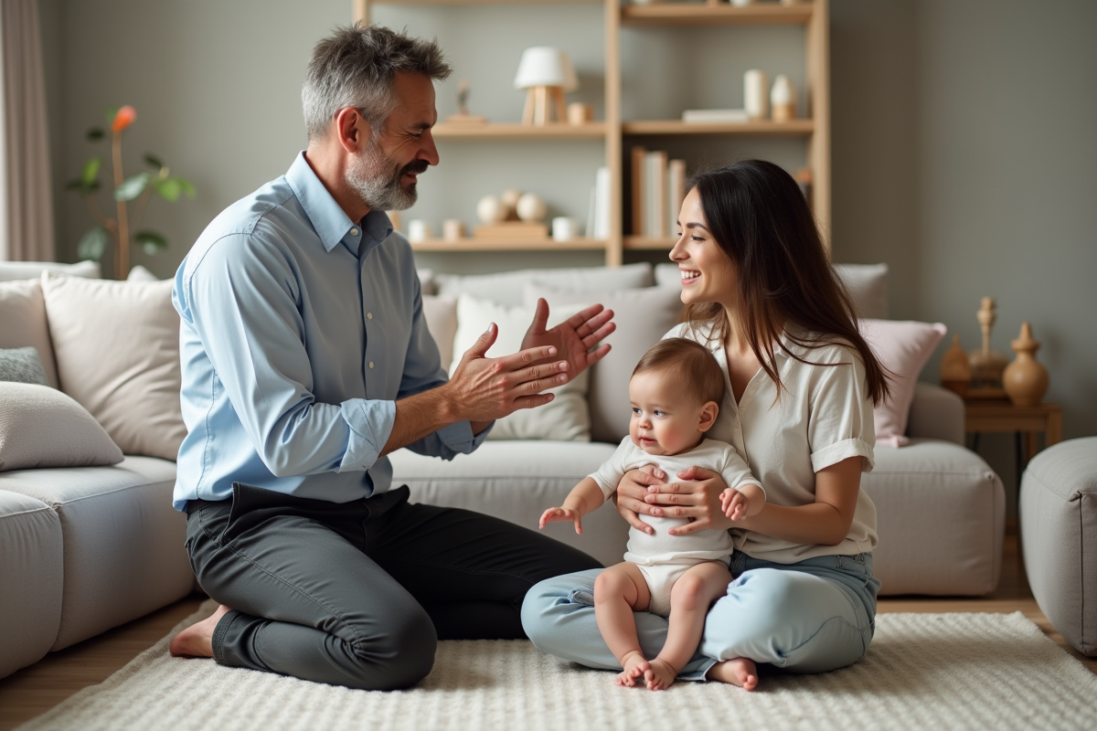 Specialiste parental aide un bébé avec mère dans un salon familial