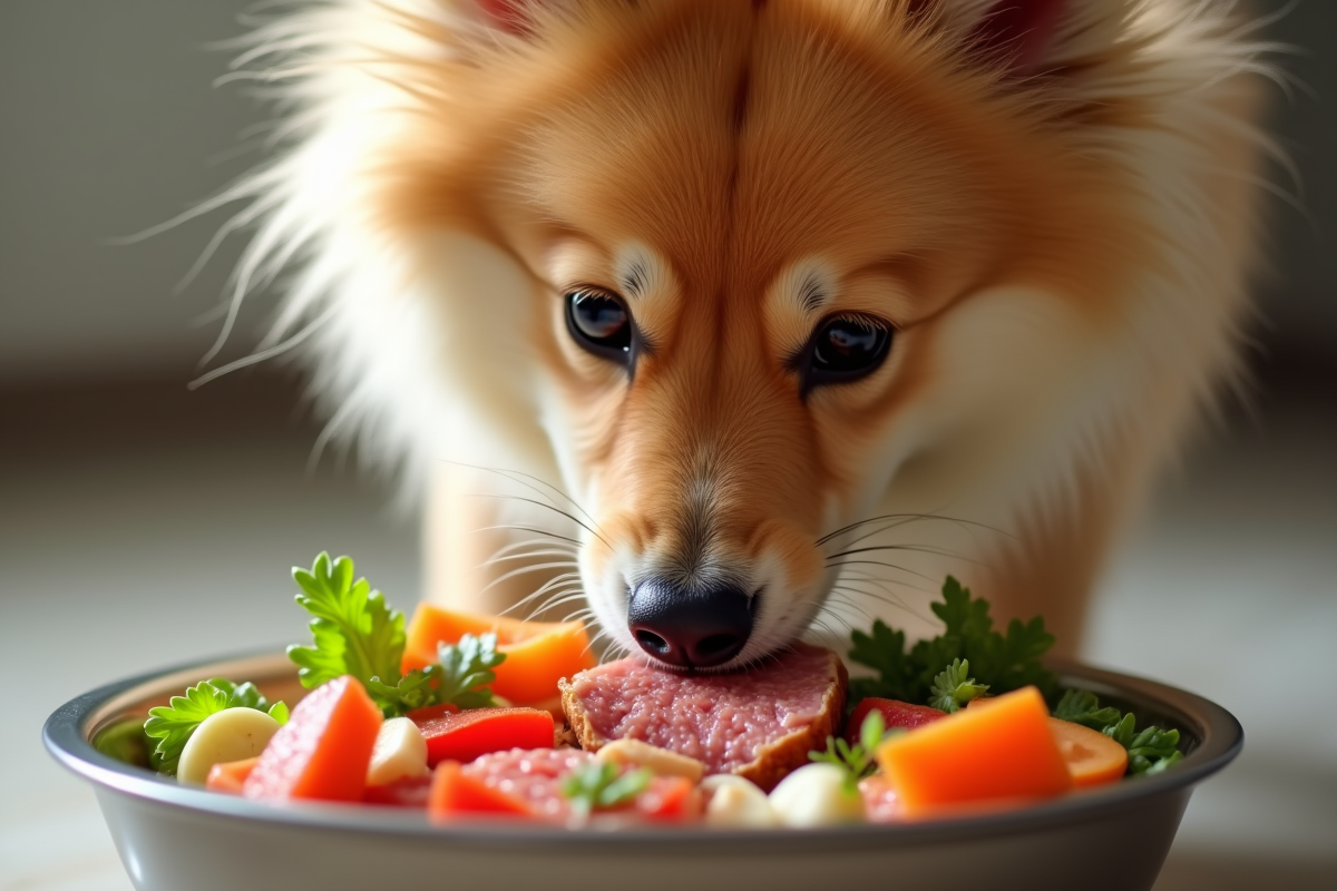 Spitz mangeant des légumes frais dans un bol