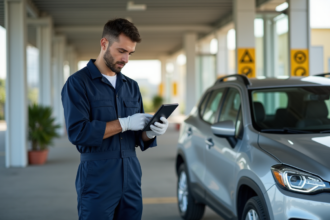 Jeune technicien automobile avec tablette devant voiture moderne