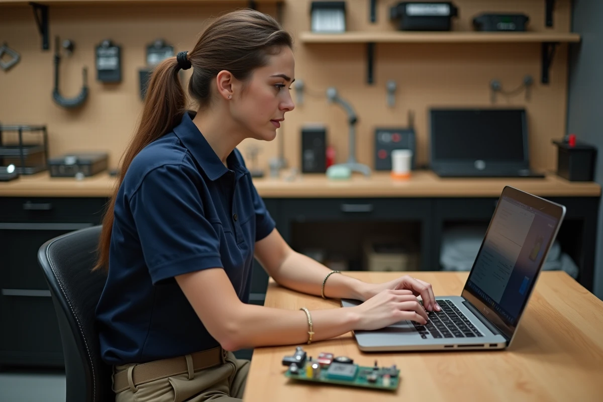 Technicienne en atelier qui configure le firmware d'une trottinette électrique sur ordinateur portable avec carte contrôleur démontée