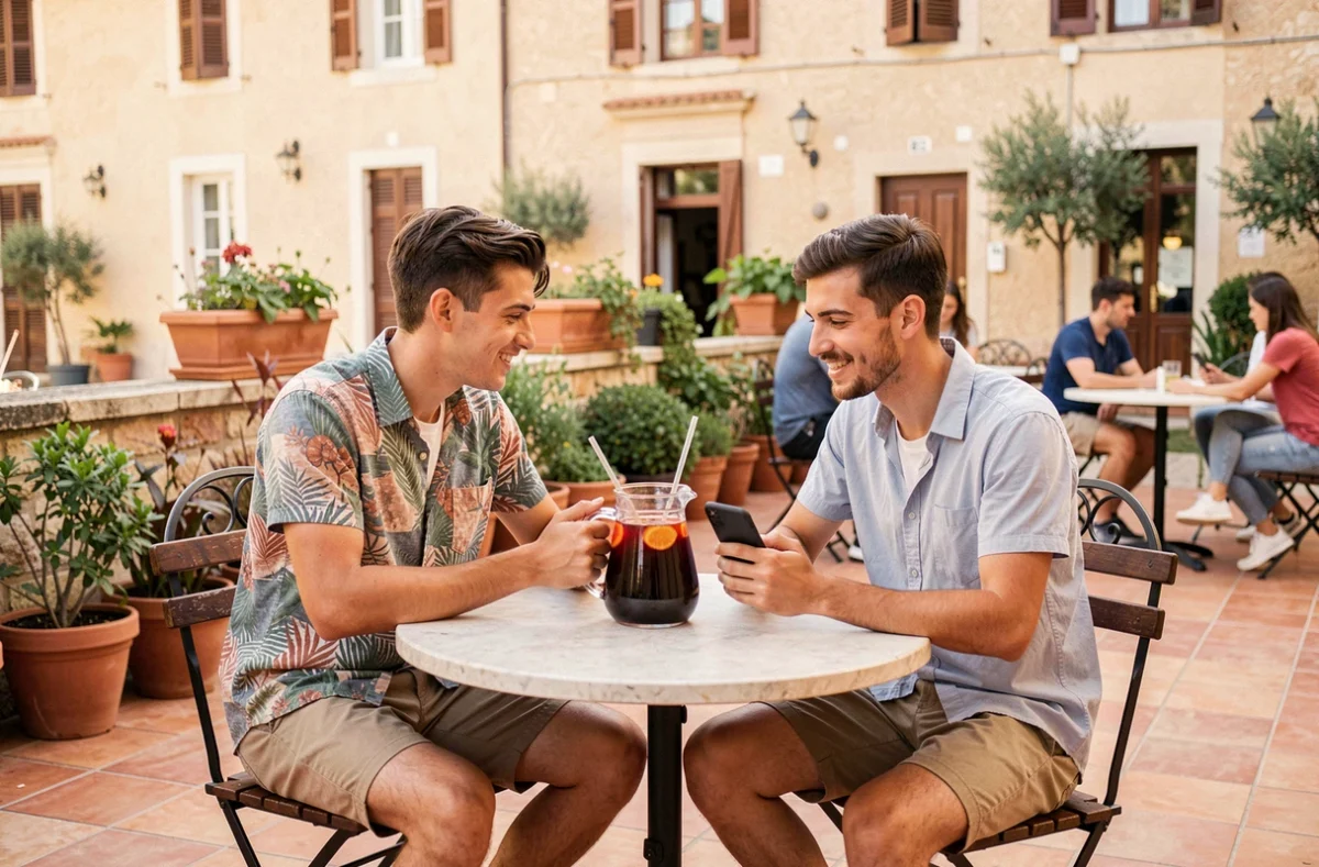 Deux étudiants en terrasse à Perpignan partageant une sangria dans un bar bon marché