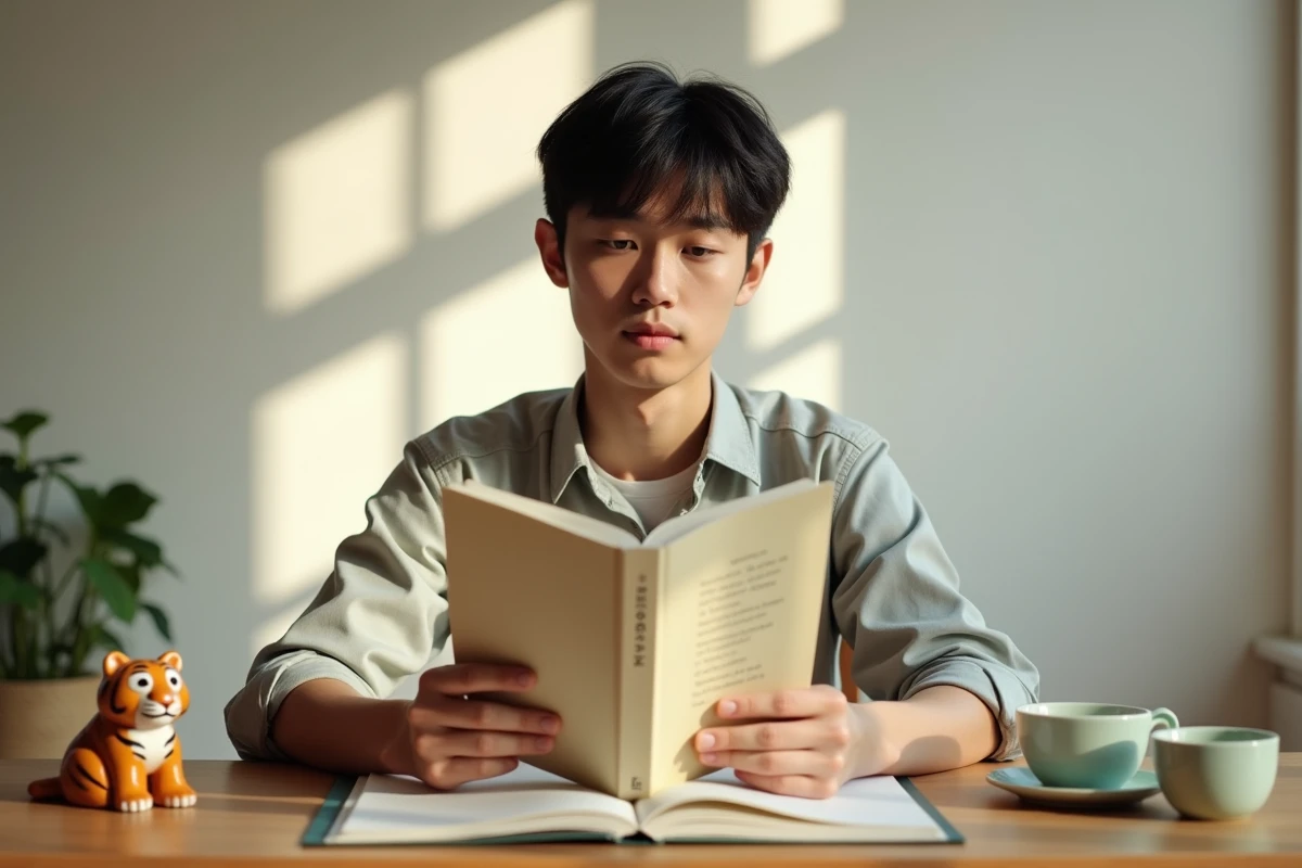Jeune homme étudiant la compatibilité astrologique du Tigre chinois 1998 dans un bureau minimaliste avec un livre d'astrologie et une figurine de tigre