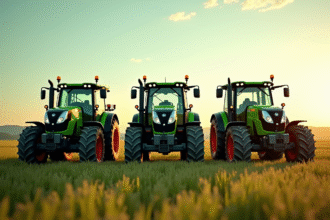 Trois tracteurs modernes sur un champ ensoleille avec ciel vert