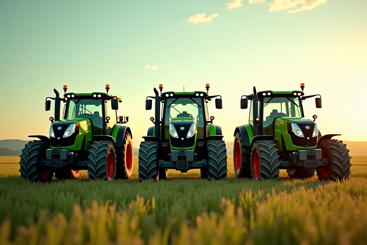 Trois tracteurs modernes sur un champ ensoleille avec ciel vert