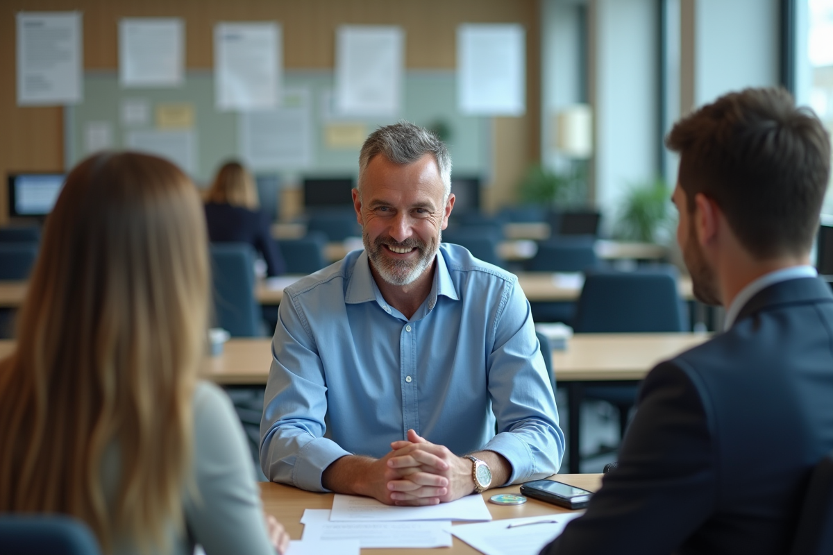 Travailleur social discutant avec un couple dans un bureau