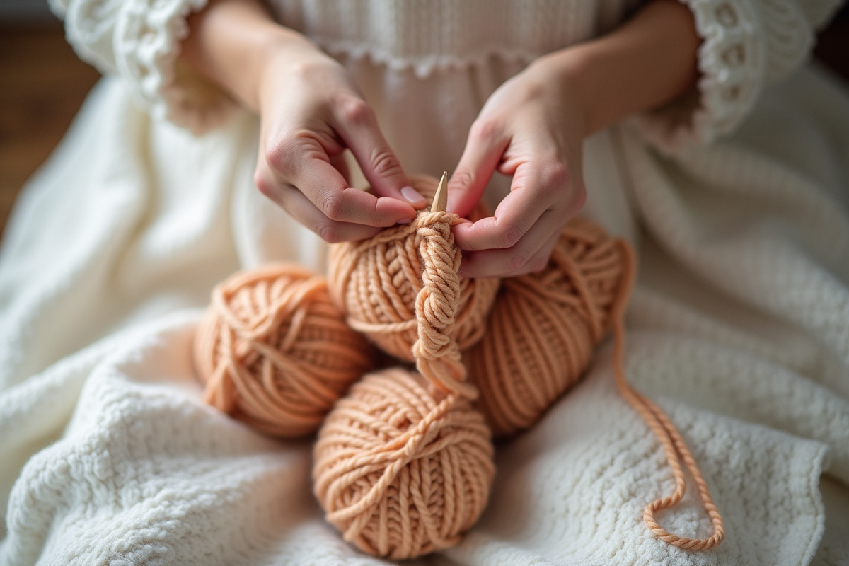 Mains tricotant doucement avec fil chenille sur lin blanc