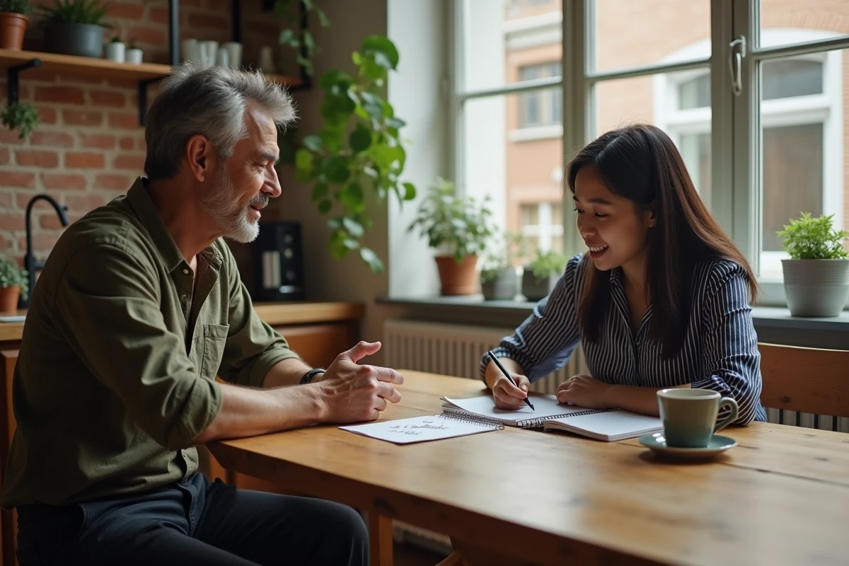 Un tuteur de FLE explique l'expression 'si tout va bien' à une étudiante adulte autour d'une table