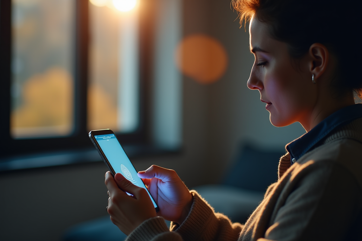 Personne utilisant un smartphone pour banque en ligne face éclairée par la lumière naturelle
